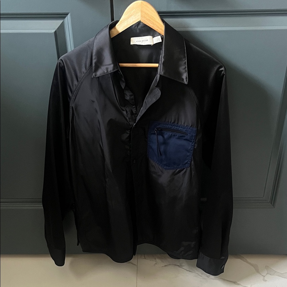 Coach Black Satin Nylon Shirt Jacket with Navy Chest Pocket